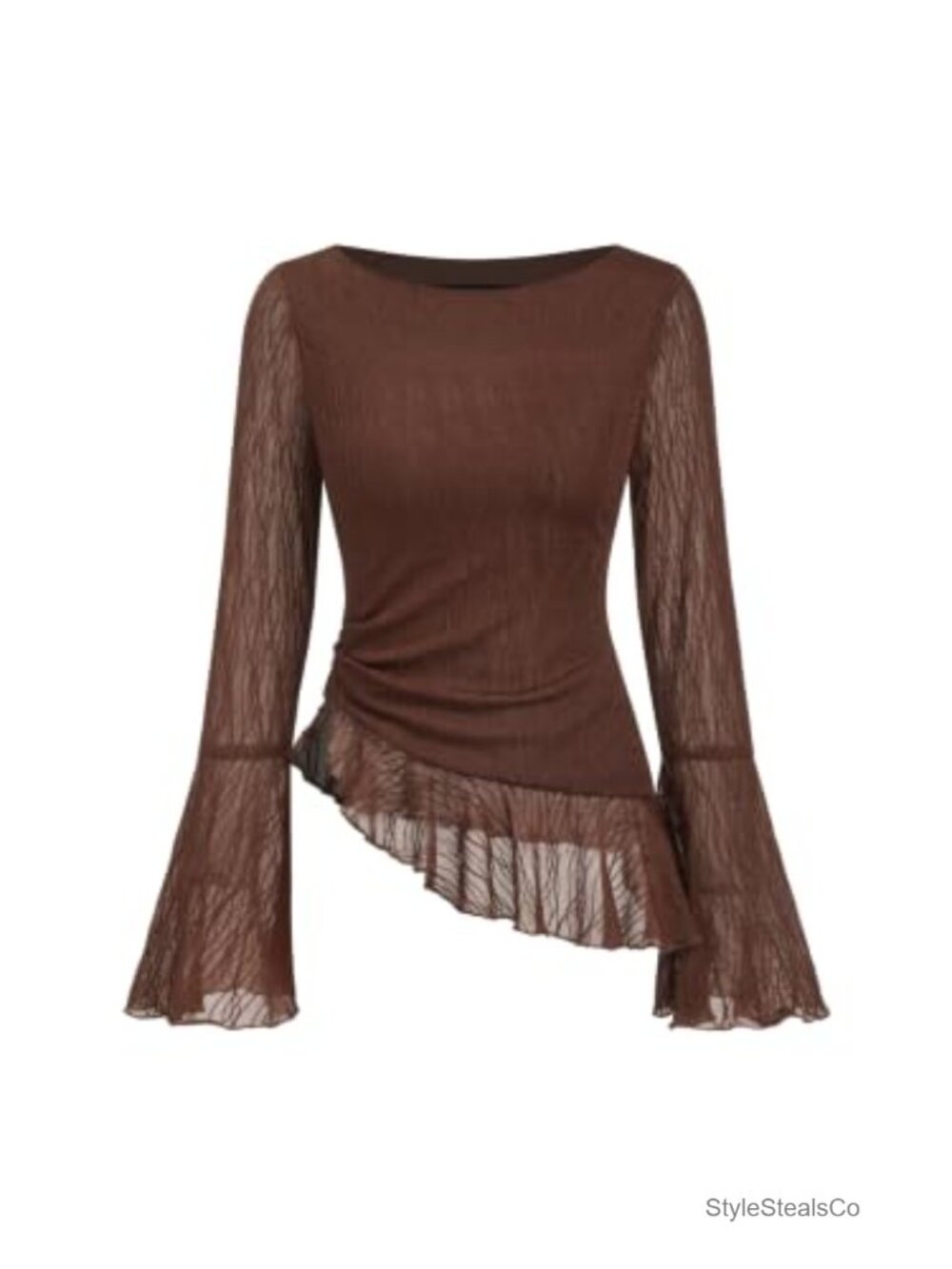 Mesh Lace Long Sleeve Crop Top Boat Neck Ruffle Hem Ruched Side Fitted